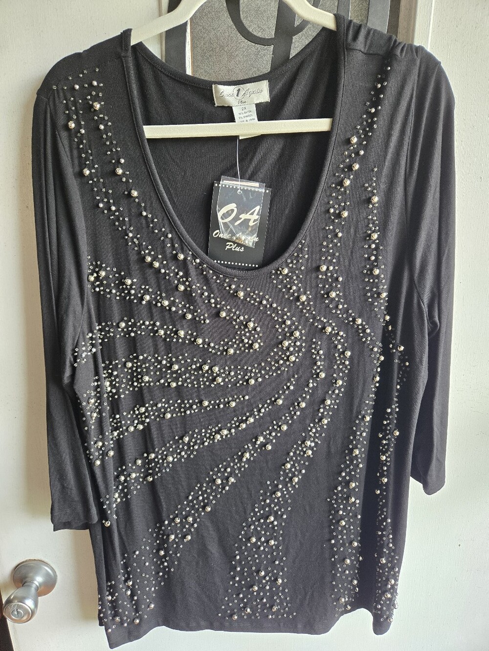 Once Again Boutique Womens Black Silver Beaded Scoop Neck Top NWT